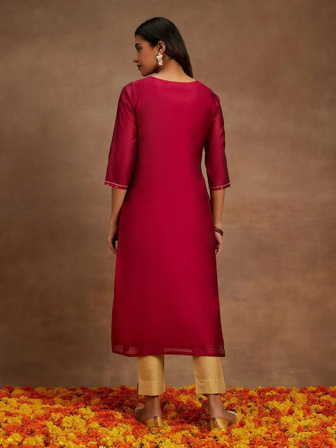 Fuchsia Chanderi Silk Woven Design Kurta - Libas 