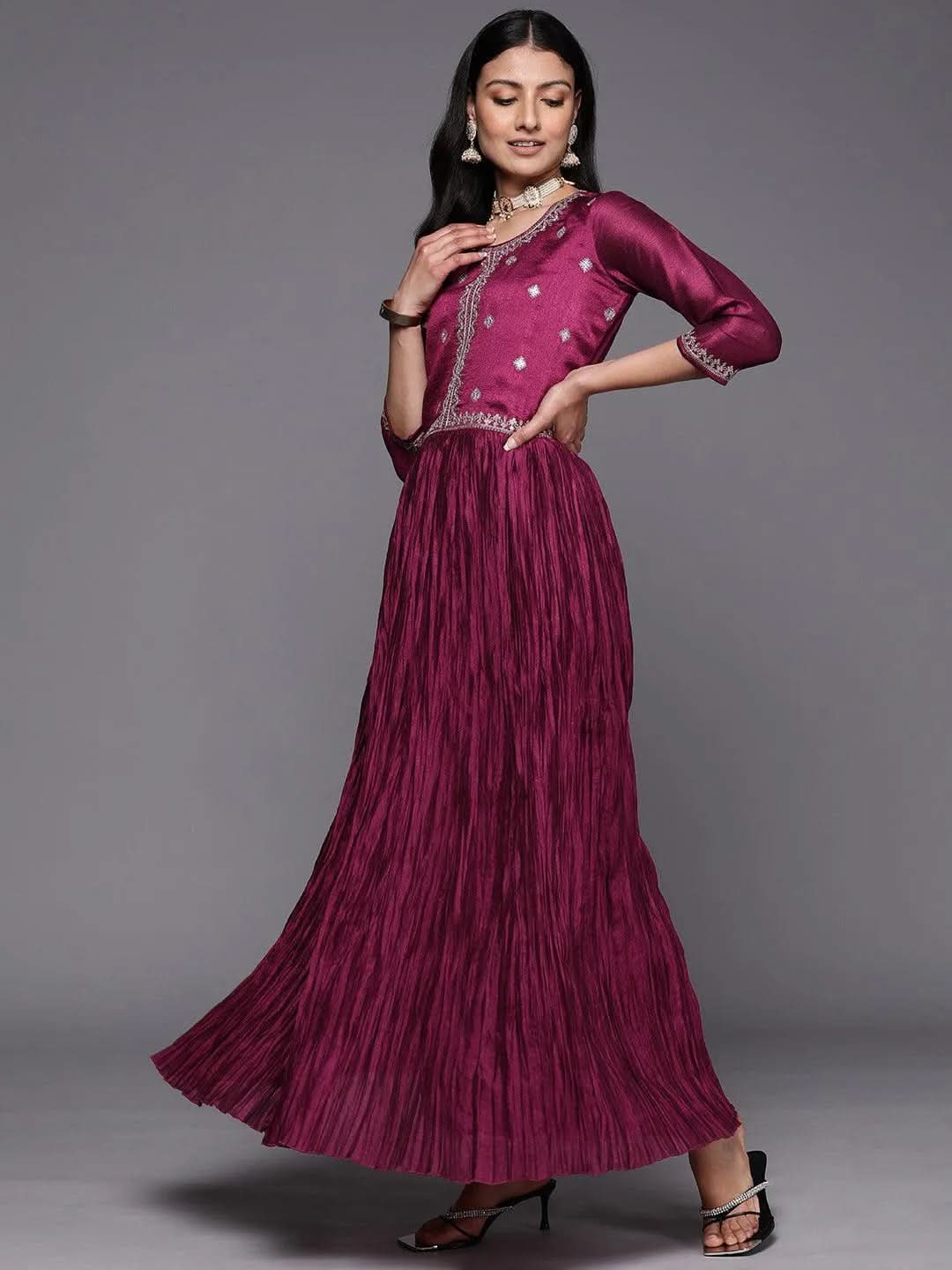 

Fuchsia Embroidered Silk Blend Anarkali Kurta With Trousers & Dupatta