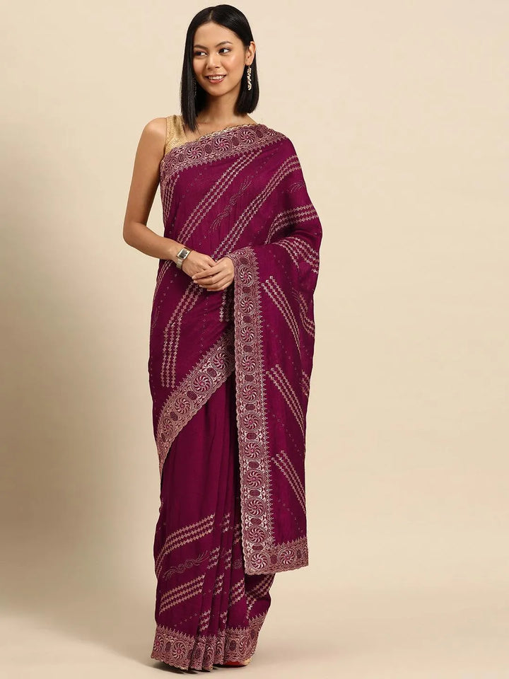 Fuchsia Embroidered Silk Blend Saree - Libas