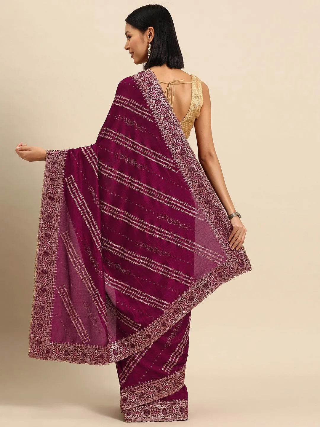 Fuchsia Embroidered Silk Blend Saree - Libas 