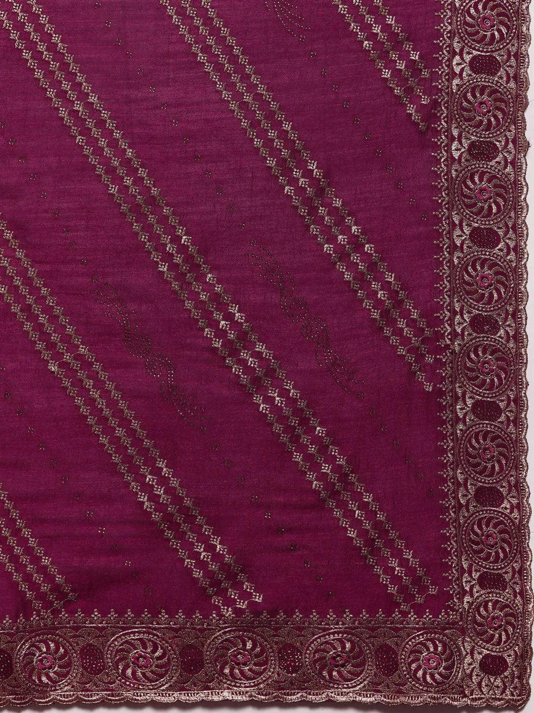 Fuchsia Embroidered Silk Blend Saree - Libas 