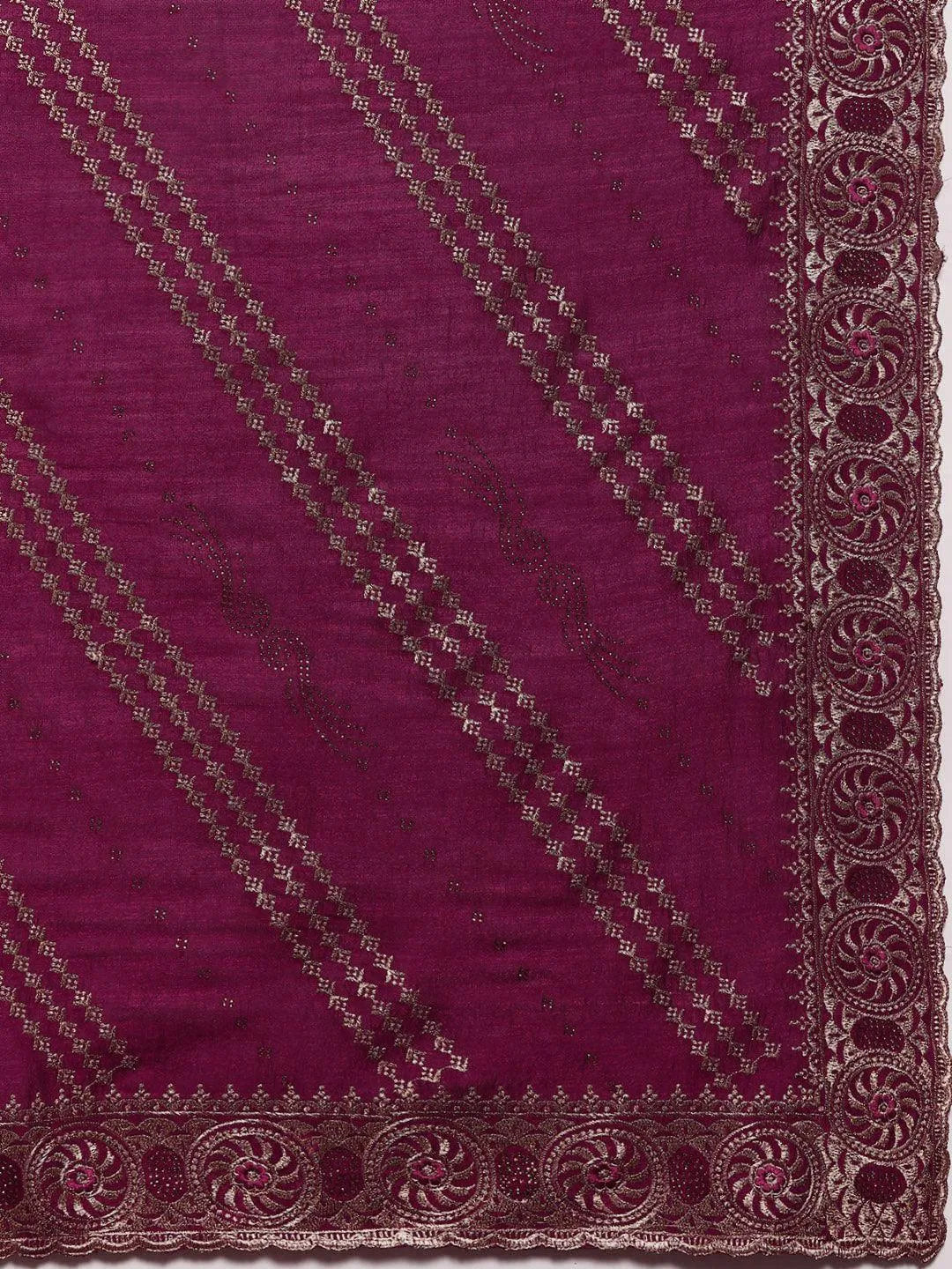 Fuchsia Embroidered Silk Blend Saree - Libas