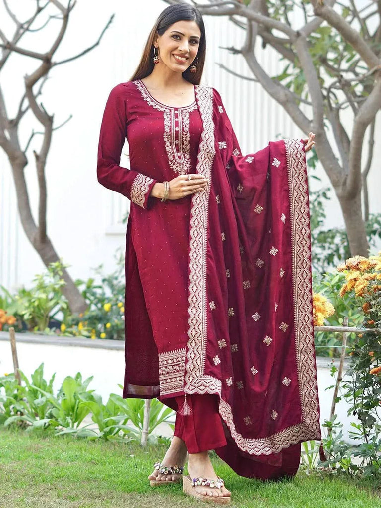 Libas Fuchsia Embroidered Silk Blend Straight Kurta With Dupatta