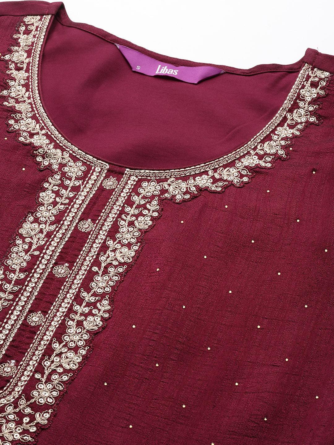 Fuchsia Embroidered Silk Blend Straight Suit Set - Libas