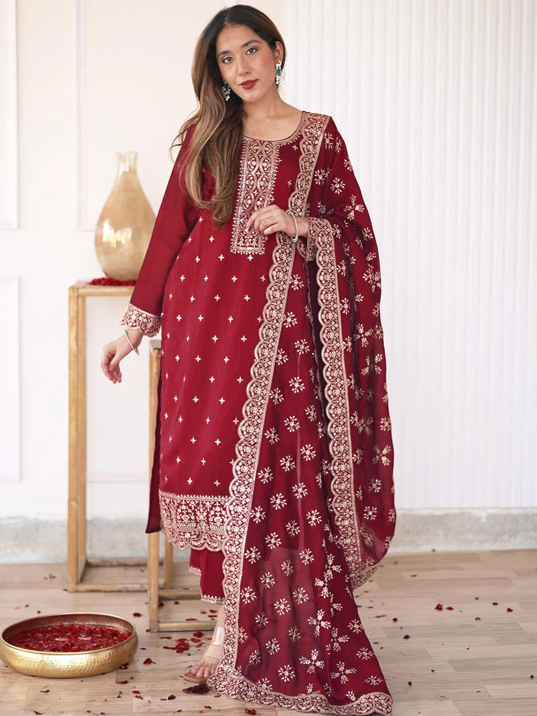 Elegant Natural Satin Silk Embroidered Suit Set with Farshi Pant & Dupatta