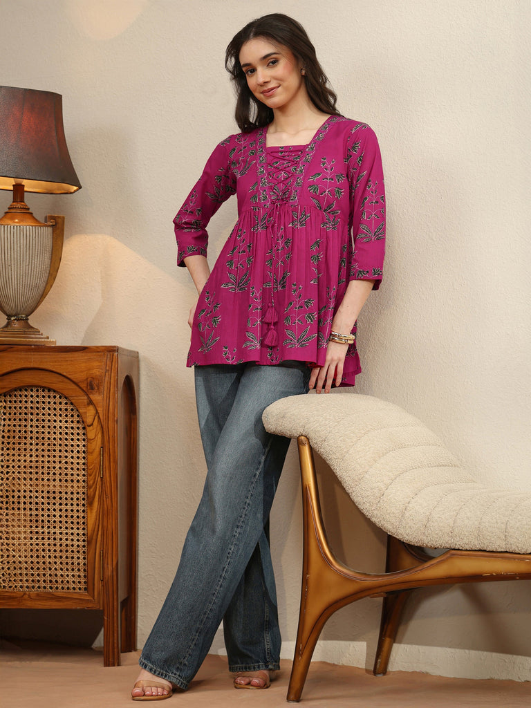 Libas Fuchsia Pink Printed Cotton Peplum Top