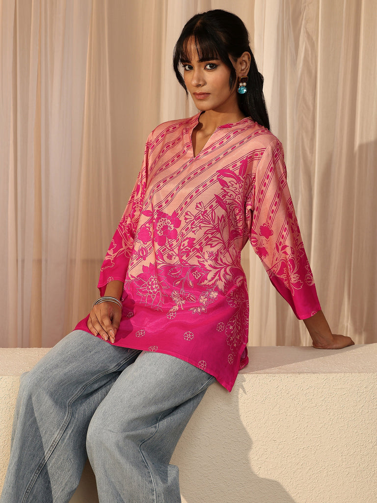 Libas Fuchsia Pink Printed Silk Blend Straight Short Kurti