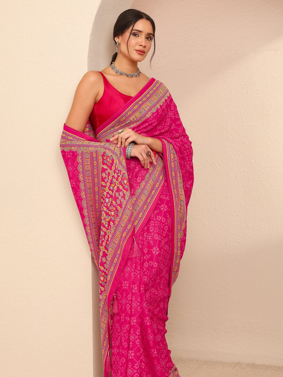  Fuchsia Pink Printed Silk Blend Saree 