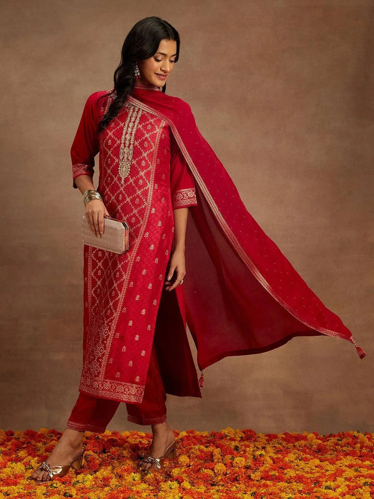 Libas Pink Woven Design Silk Blend Straight Suit With Dupatta