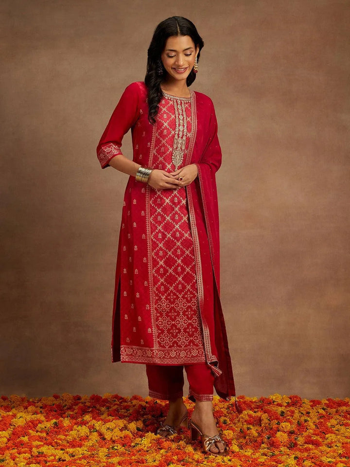 Fuchsia Pink Woven Design Silk Blend Straight Kurta With Trousers & Dupatta - Libas