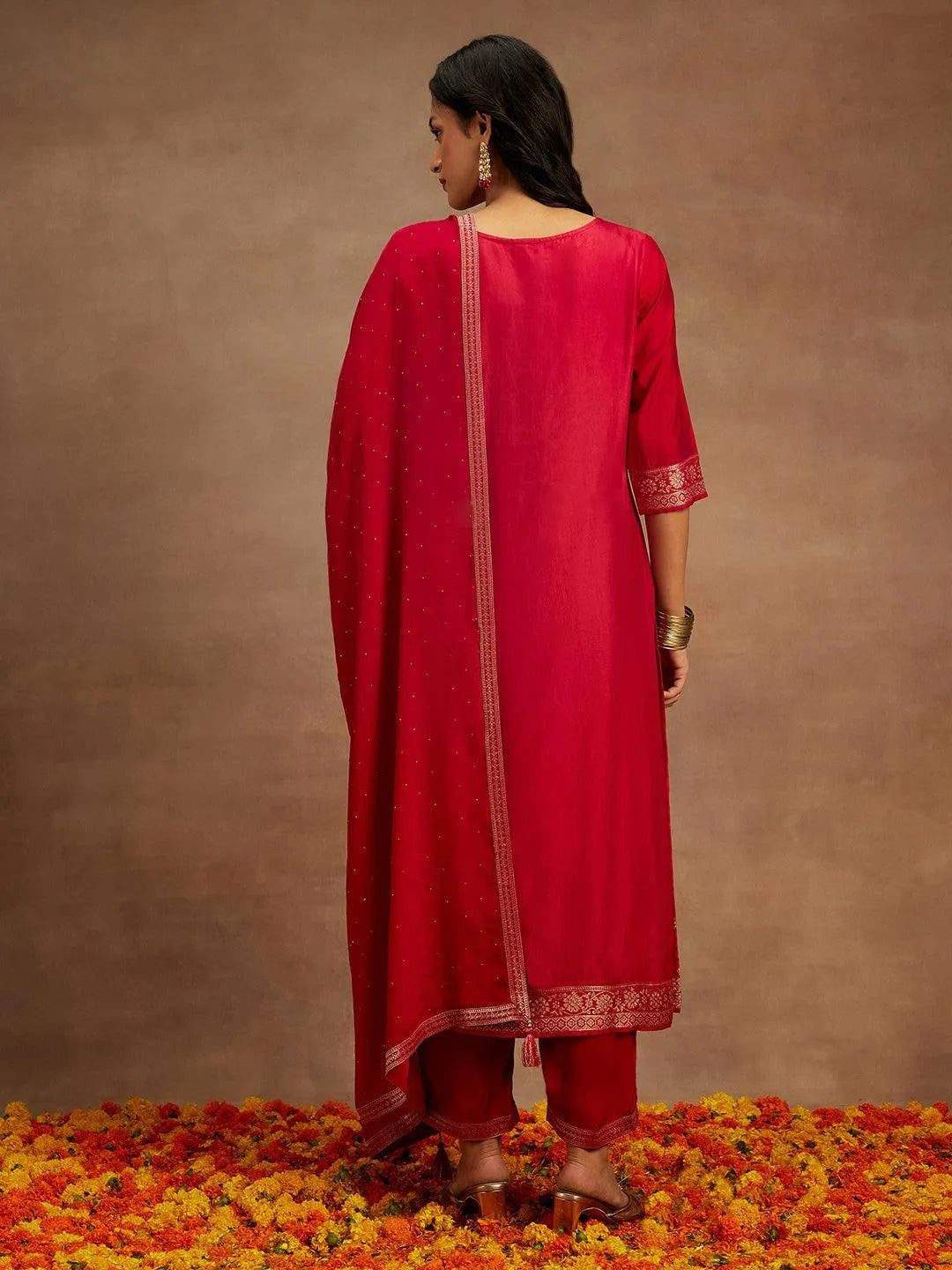 Fuchsia Pink Woven Design Silk Blend Straight Kurta With Trousers & Dupatta - Libas