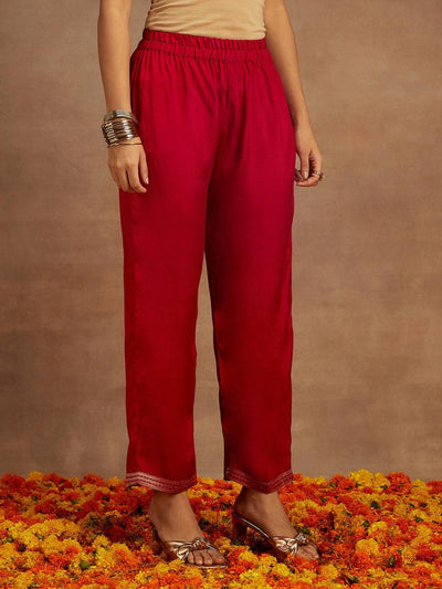Fuchsia Pink Woven Design Silk Blend Straight Kurta With Trousers & Dupatta - Libas