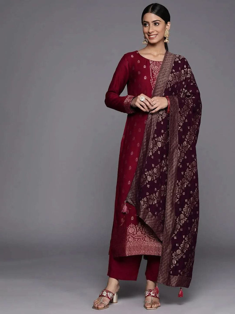 Libas Fuchsia Self Design Pashmina Wool Straight Kurta With Dupatta