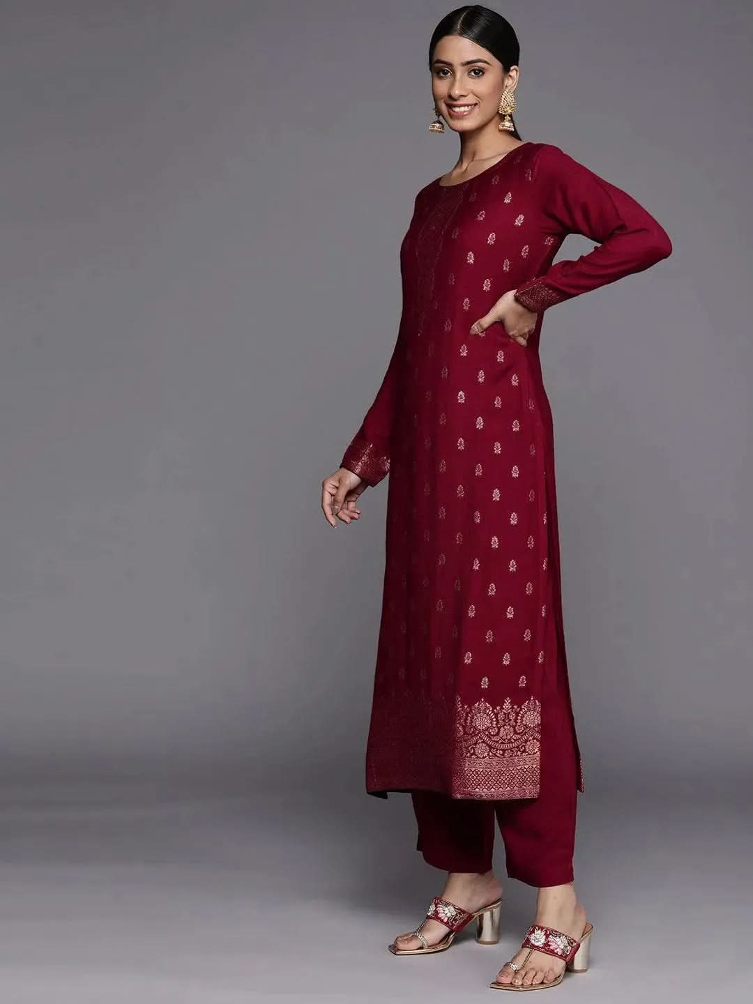 Fuchsia Self Design Pashmina Wool Straight Suit Set - Libas 