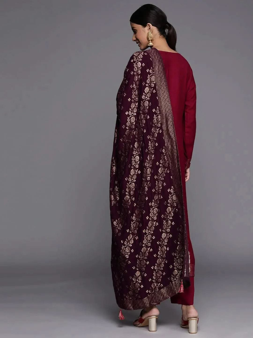 Fuchsia Self Design Pashmina Wool Straight Suit Set - Libas 