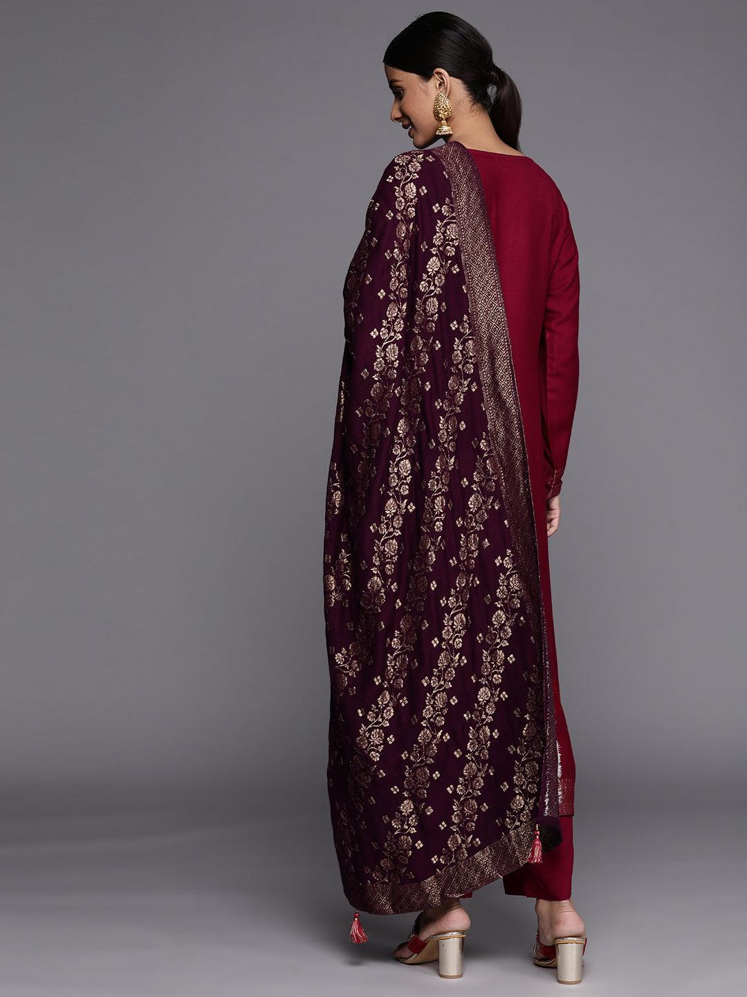 Fuchsia Self Design Pashmina Wool Straight Suit Set - Libas