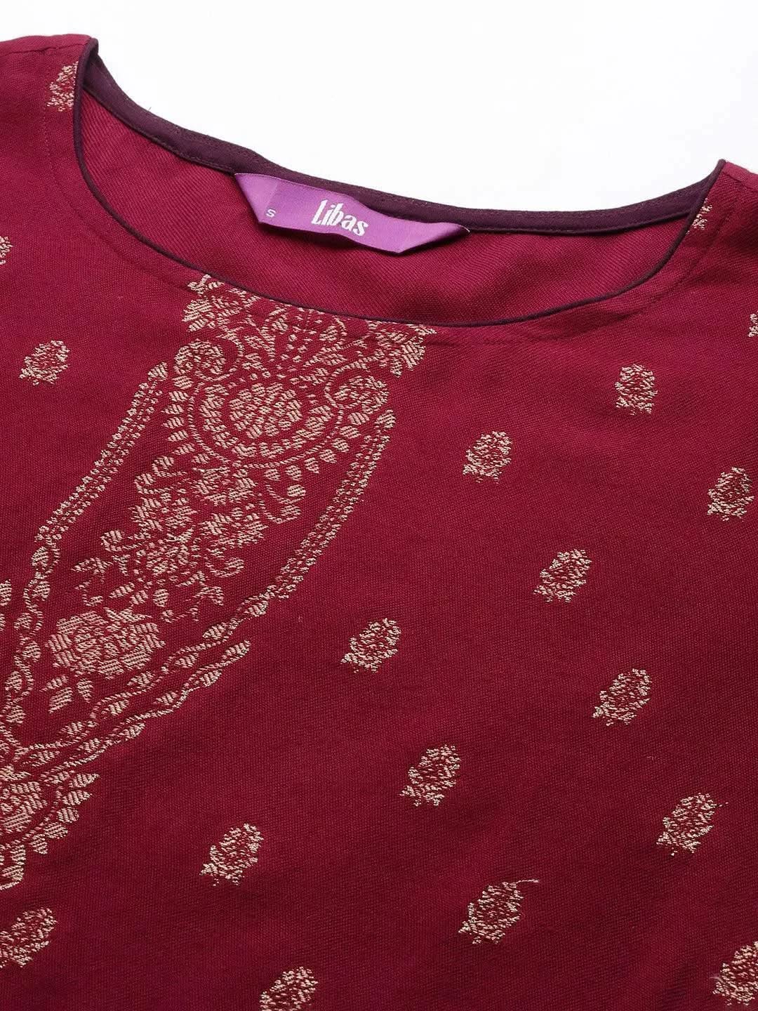 Fuchsia Self Design Pashmina Wool Straight Suit Set - Libas 