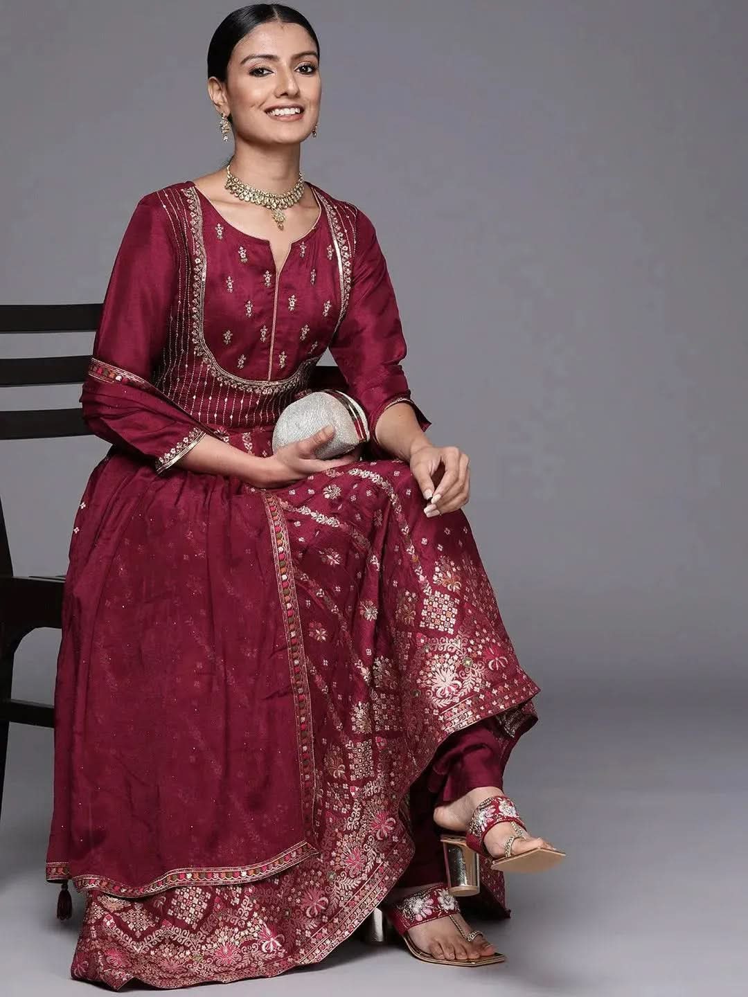 

Fuchsia Self Design Silk Anarkali Kurta With Churidar & Dupatta