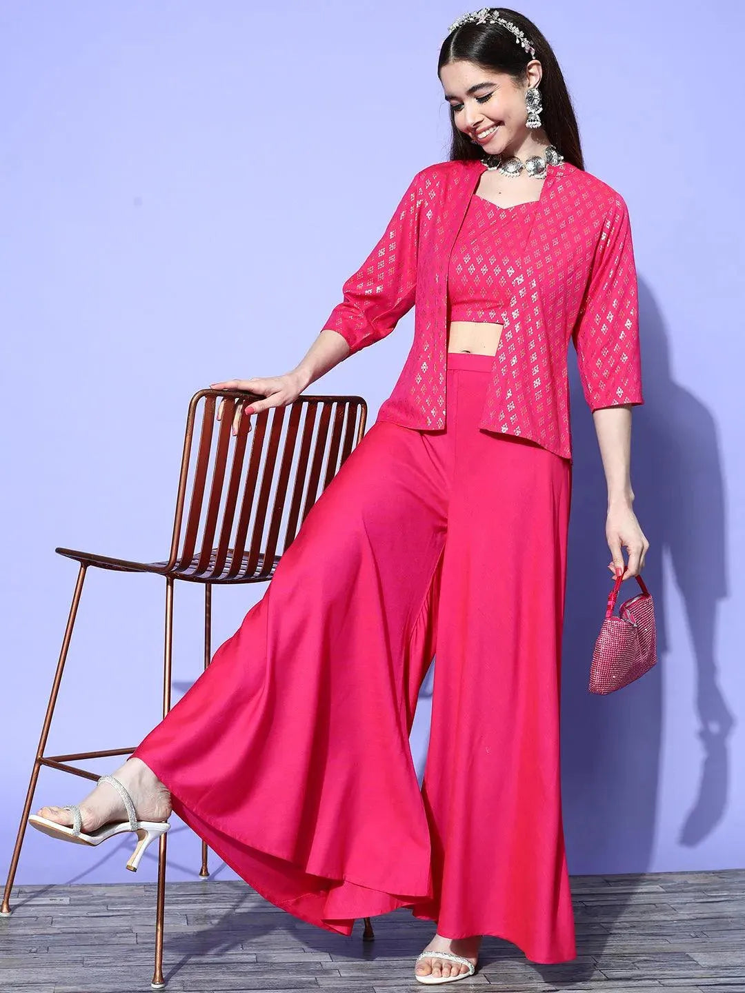 Fuchsia Self Design Silk Blend Top With Palazzos & Jacket - Libas 