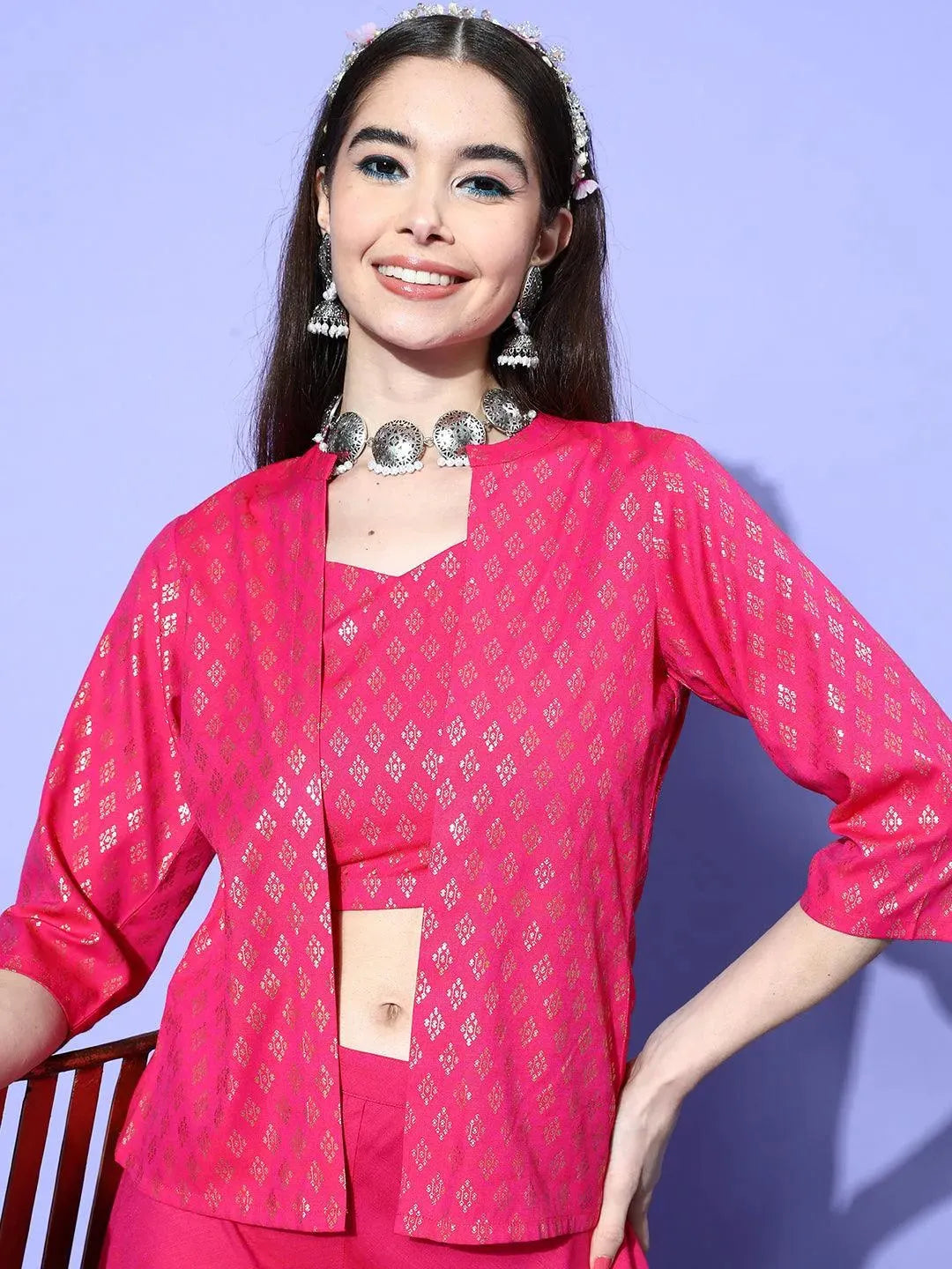 Fuchsia Self Design Silk Blend Top With Palazzos & Jacket - Libas 