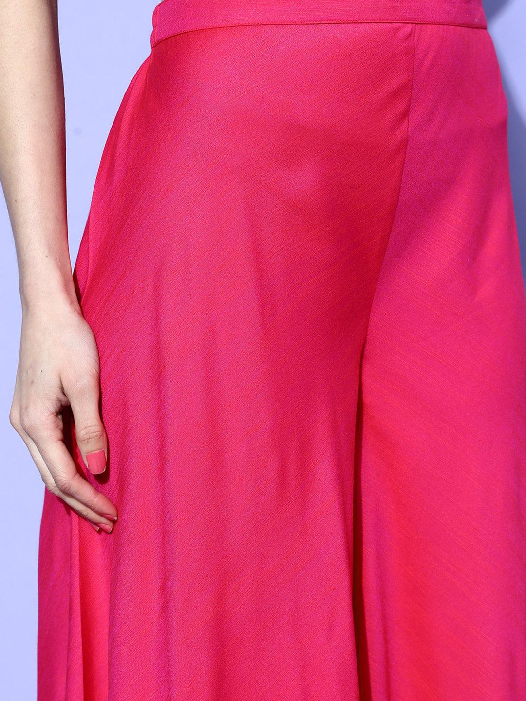 Fuchsia Self Design Silk Blend Top With Palazzos & Jacket - Libas