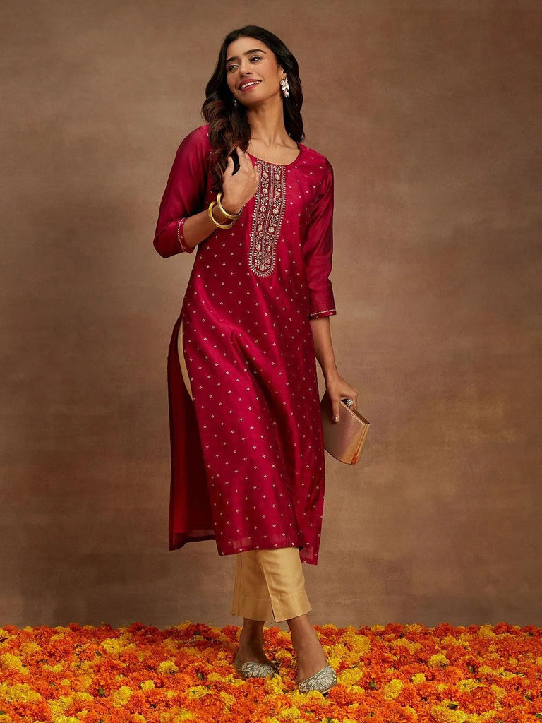 Libas Fuchsia Woven Design Chanderi Silk Straight Kurta