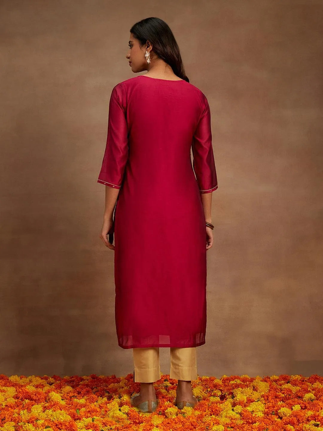 Fuchsia Woven Design Chanderi Silk Straight Kurta - Libas