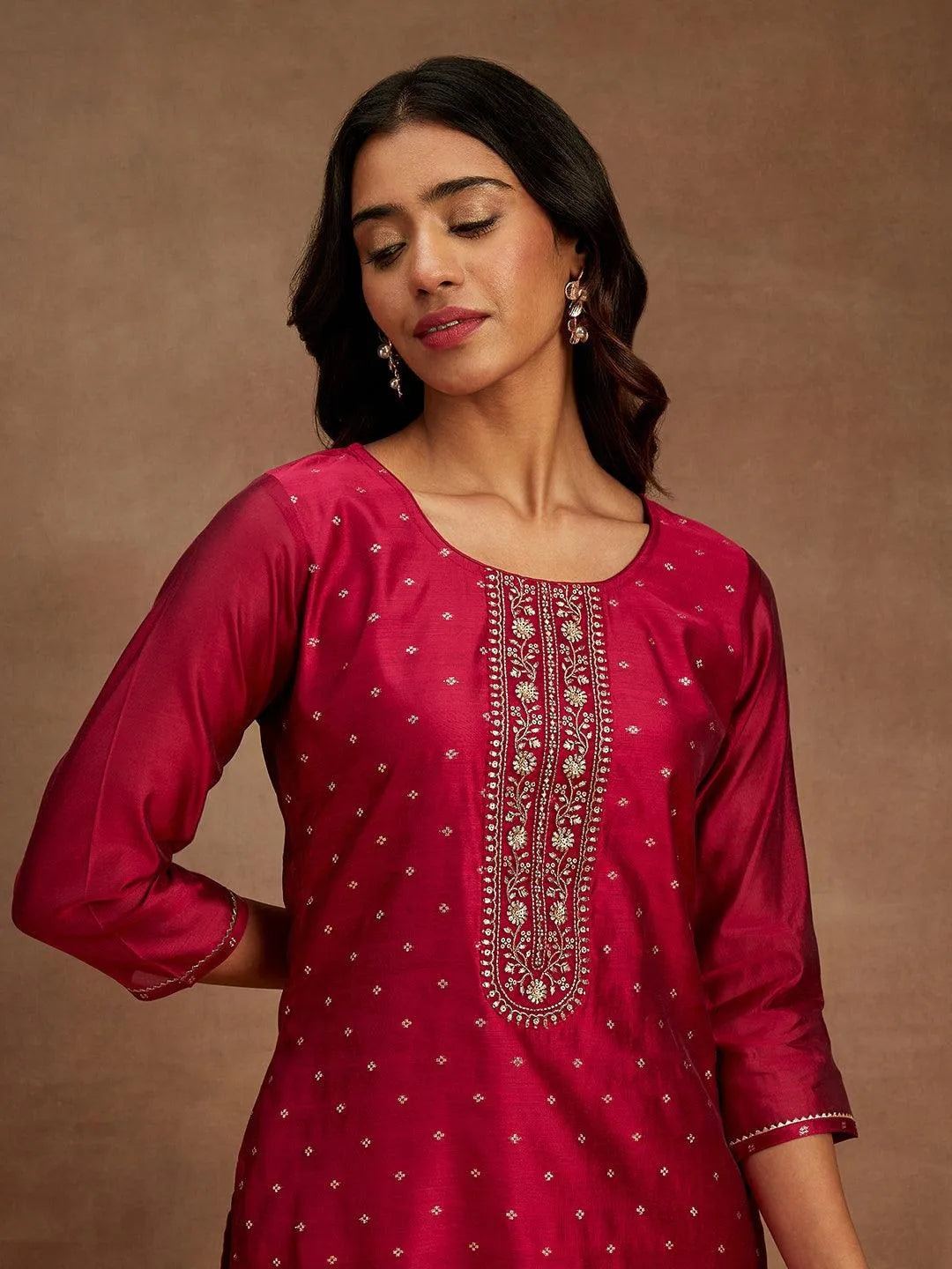 Fuchsia Woven Design Chanderi Silk Straight Kurta - Libas