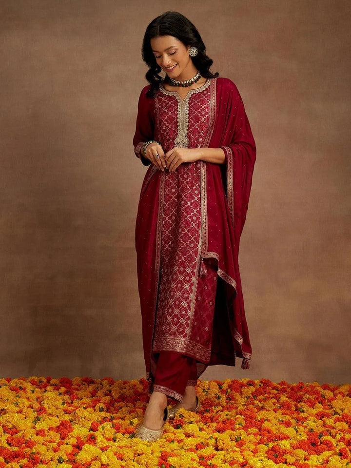 Fuchsia Woven Design Silk Blend Straight Kurta With Trousers & Dupatta - Libas