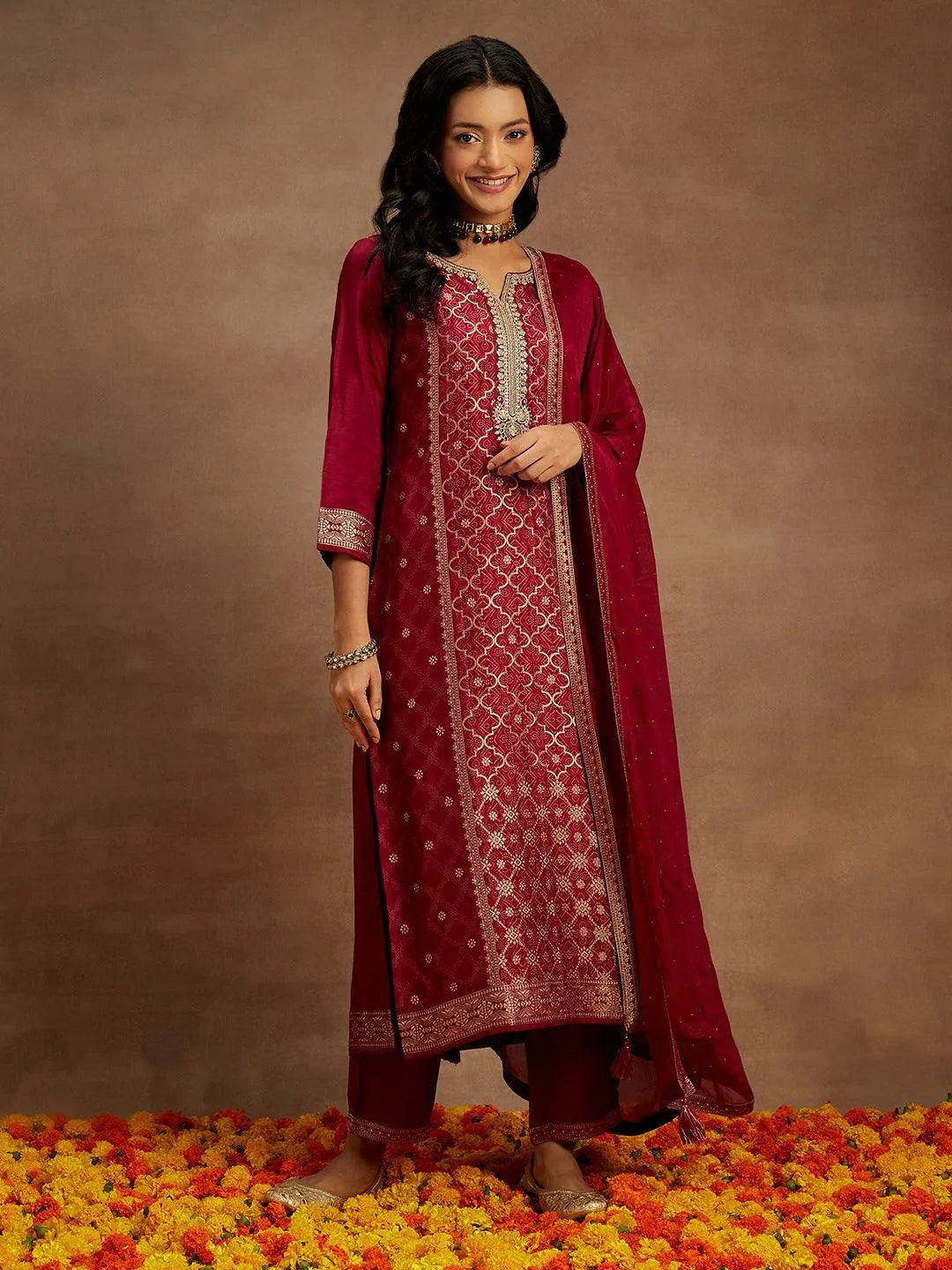 Fuchsia Woven Design Silk Blend Straight Kurta With Trousers & Dupatta - Libas 