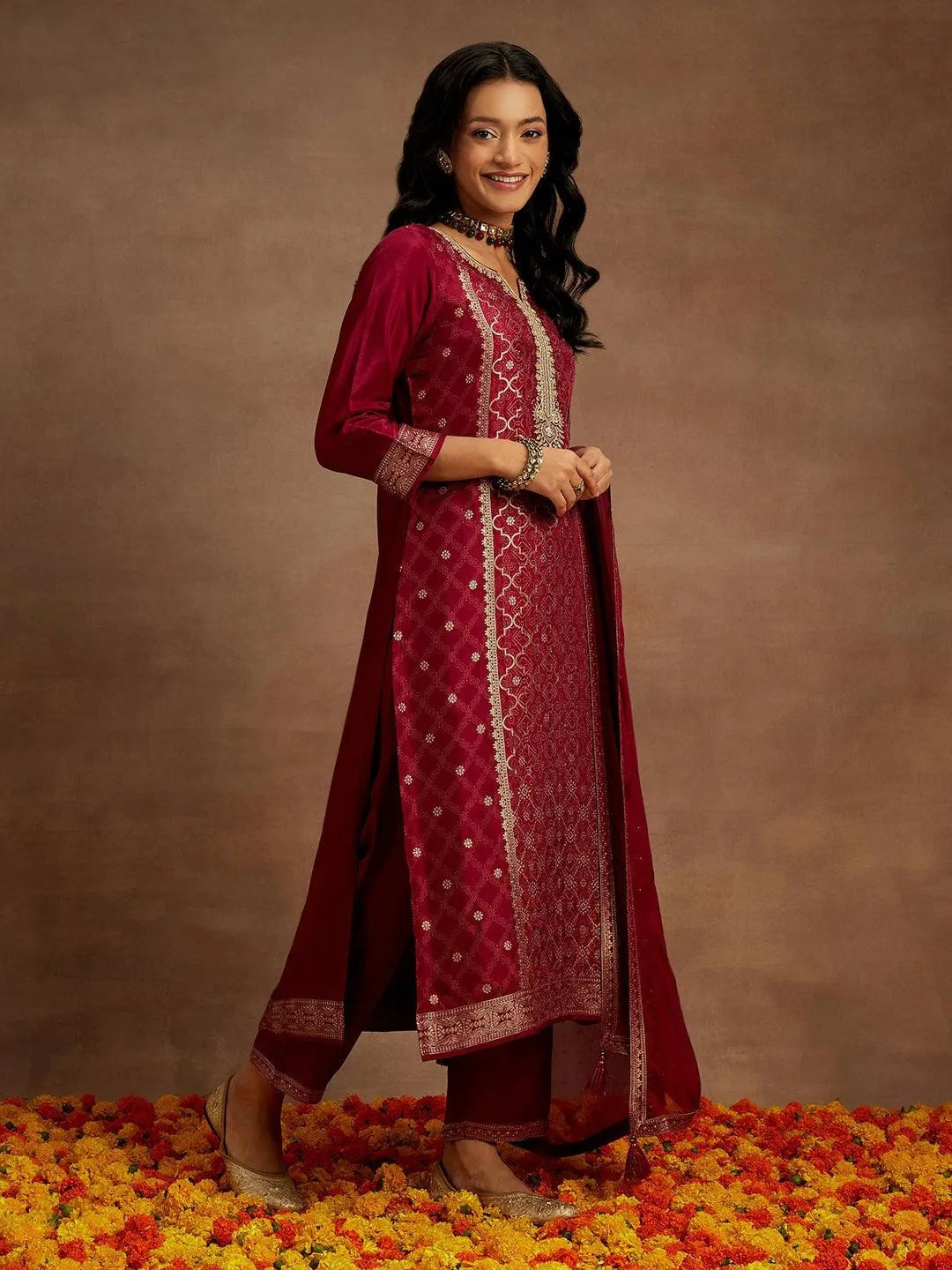 Fuchsia Woven Design Silk Blend Straight Kurta With Trousers & Dupatta - Libas