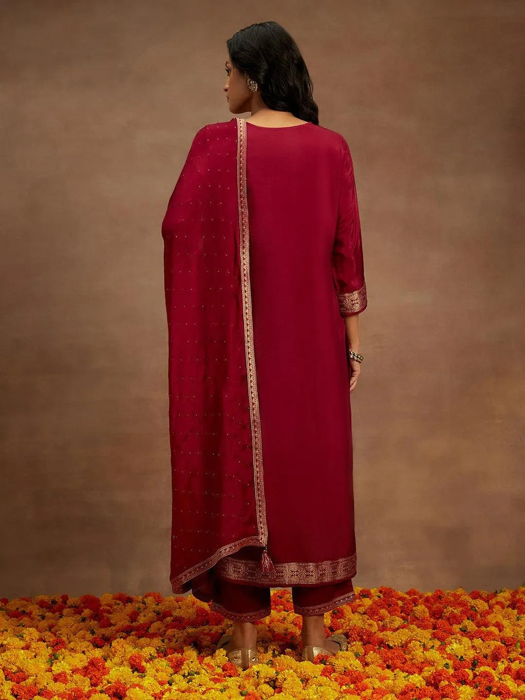 Fuchsia Woven Design Silk Blend Straight Kurta With Trousers & Dupatta - Libas