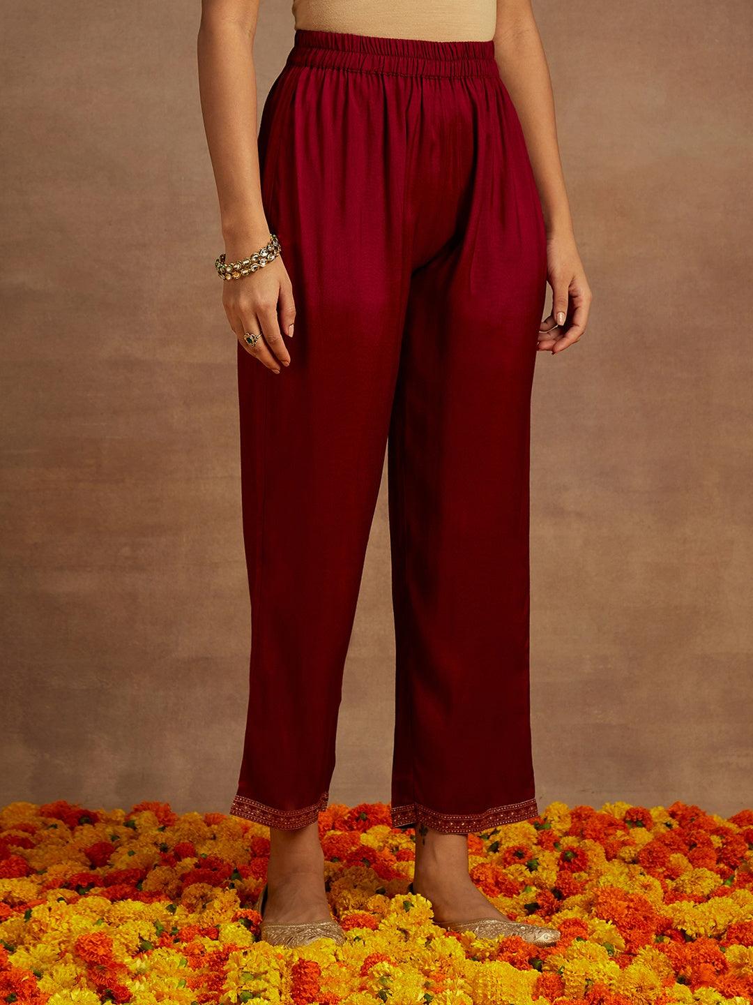 Fuchsia Woven Design Silk Blend Straight Kurta With Trousers & Dupatta - Libas