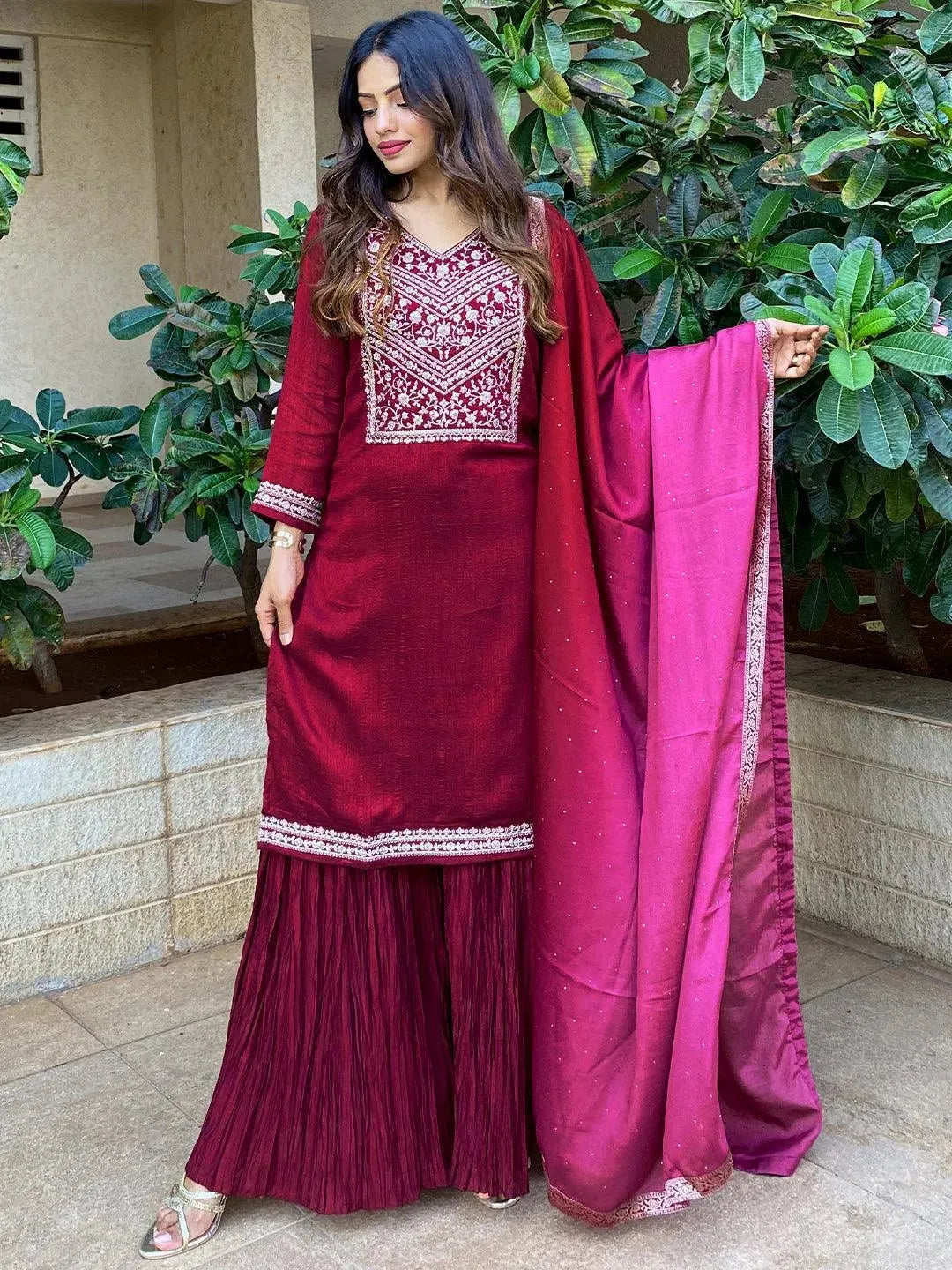 Fuchsia Yoke Design Silk Blend Straight Kurta With Sharara & Dupatta - Libas