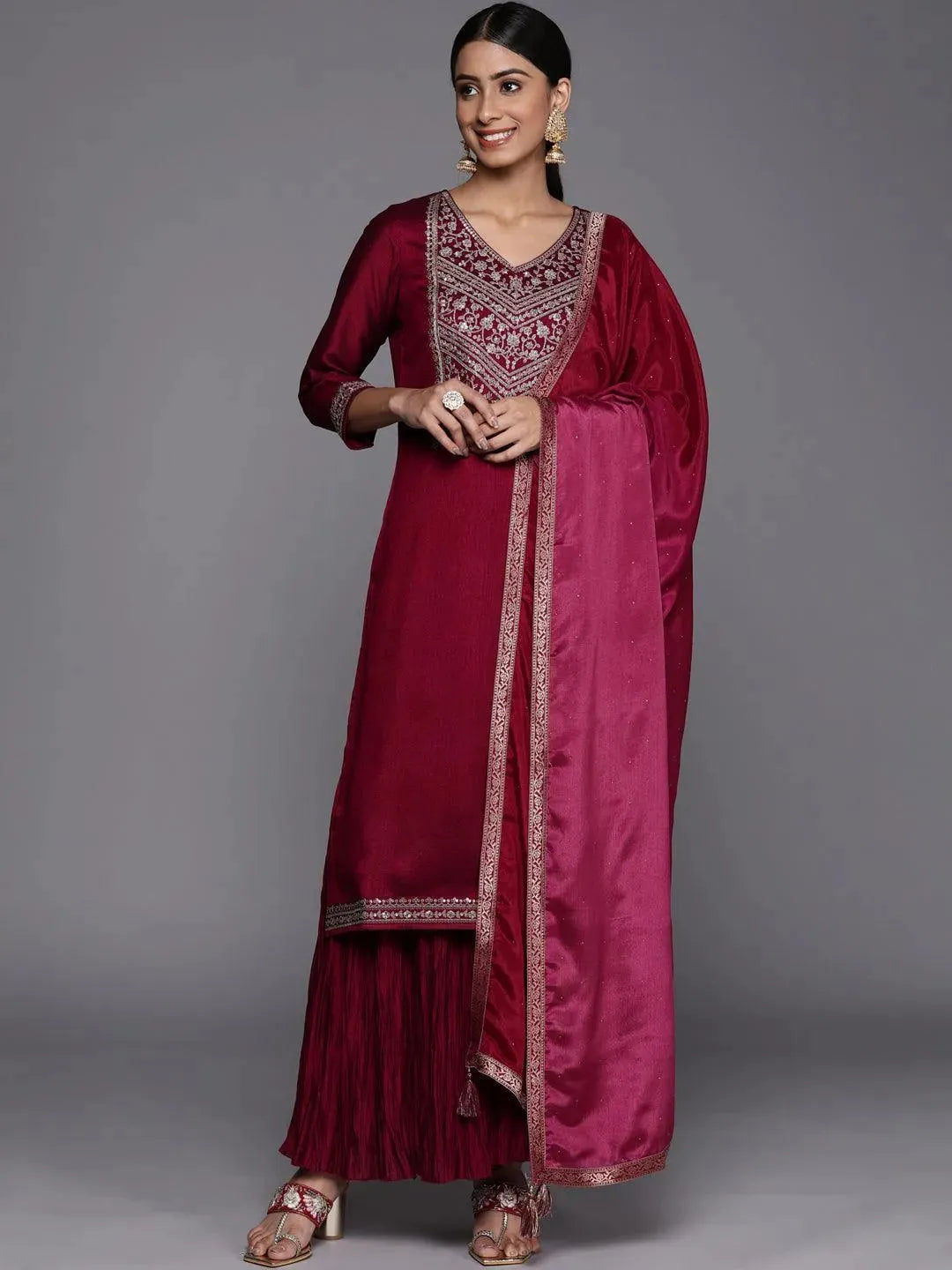 Fuchsia Yoke Design Silk Blend Straight Suit Set - Libas