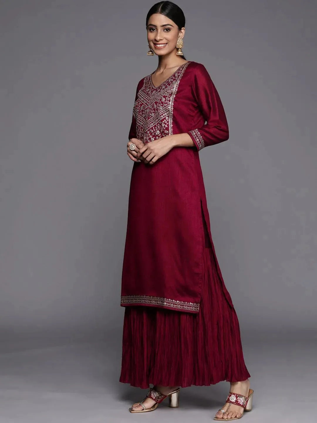 Fuchsia Yoke Design Silk Blend Straight Suit Set - Libas