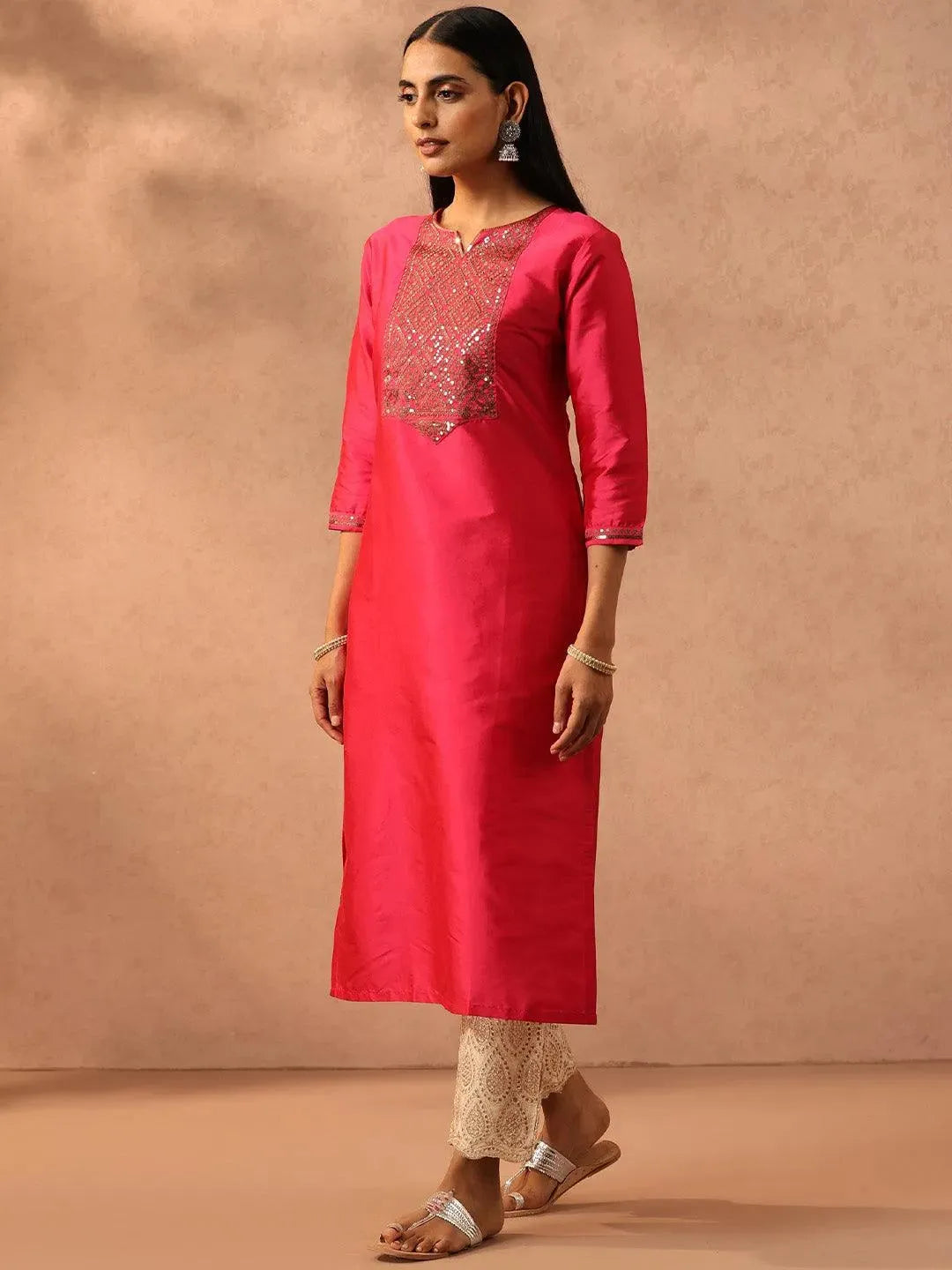 Fuchsia Yoke Design Silk Straight Kurta - Libas 