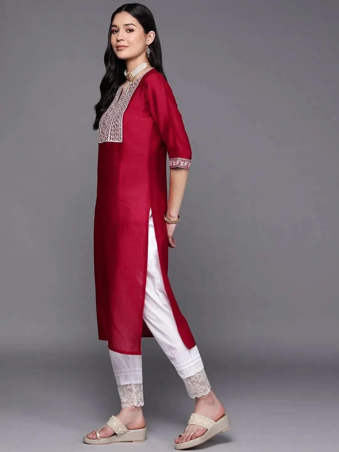 

Fuchsia Yoke Design Silk Straight Kurta
