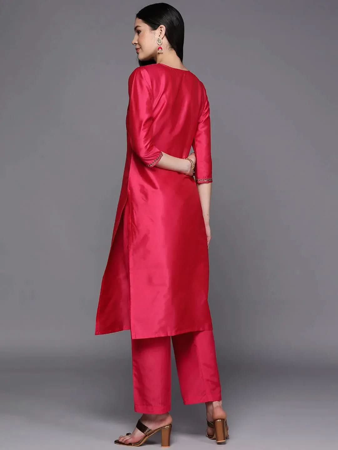 Fuchsia Yoke Design Silk Straight Kurta - Libas 