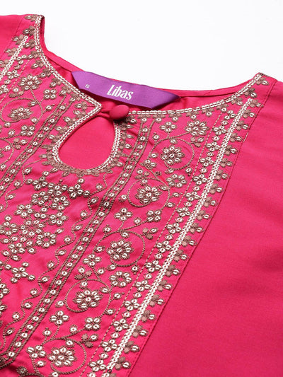 Fuchsia Yoke Design Silk Straight Kurta - Libas