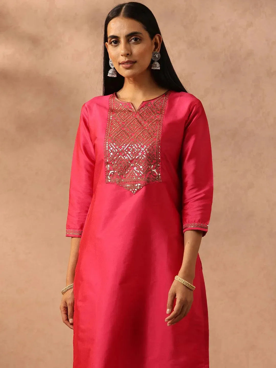 Fuchsia Yoke Design Silk Straight Kurta - Libas 