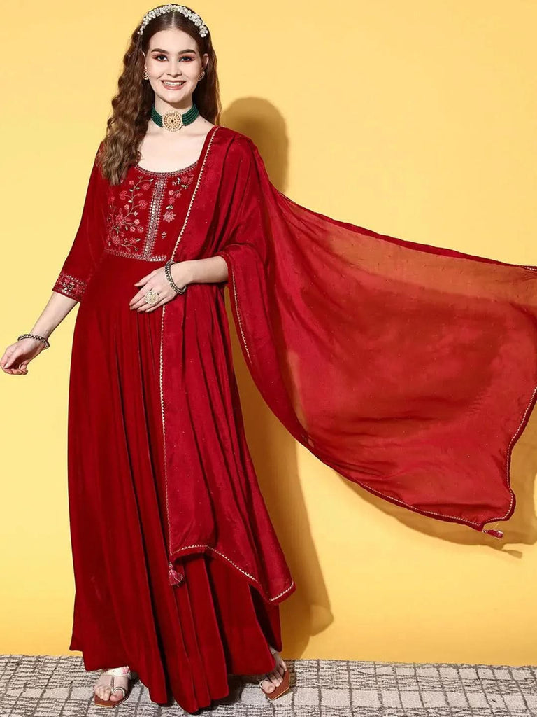 Libas Fuchsia Yoke Design Velvet Anarkali Kurta With Churidar & Dupatta