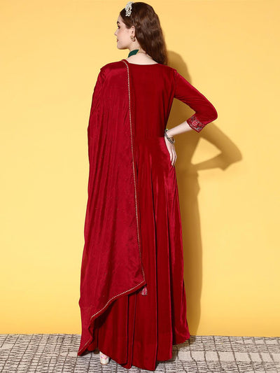 Fuchsia Yoke Design Velvet Anarkali Suit Set - Libas