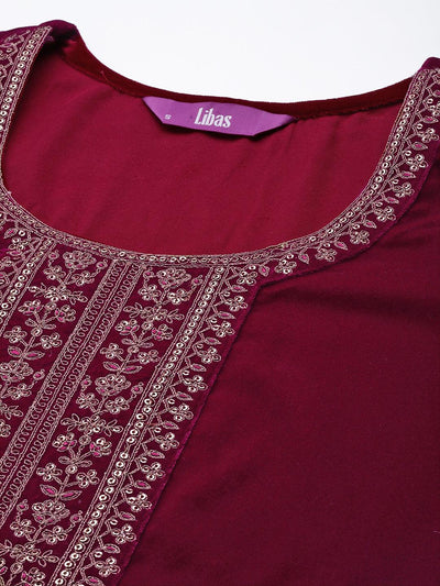 Fuchsia Yoke Design Velvet Straight Suit Set - Libas