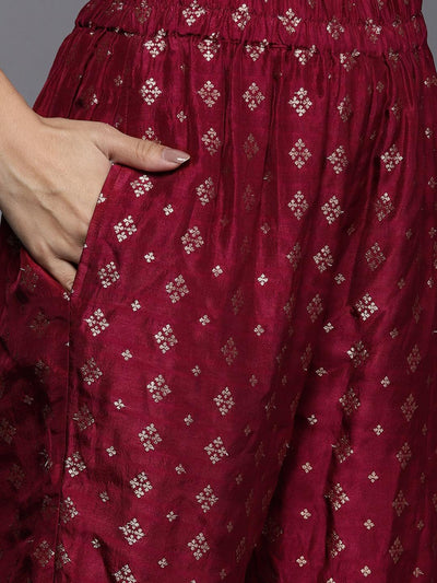 Fuchsia Yoke Design Velvet Straight Suit Set - Libas