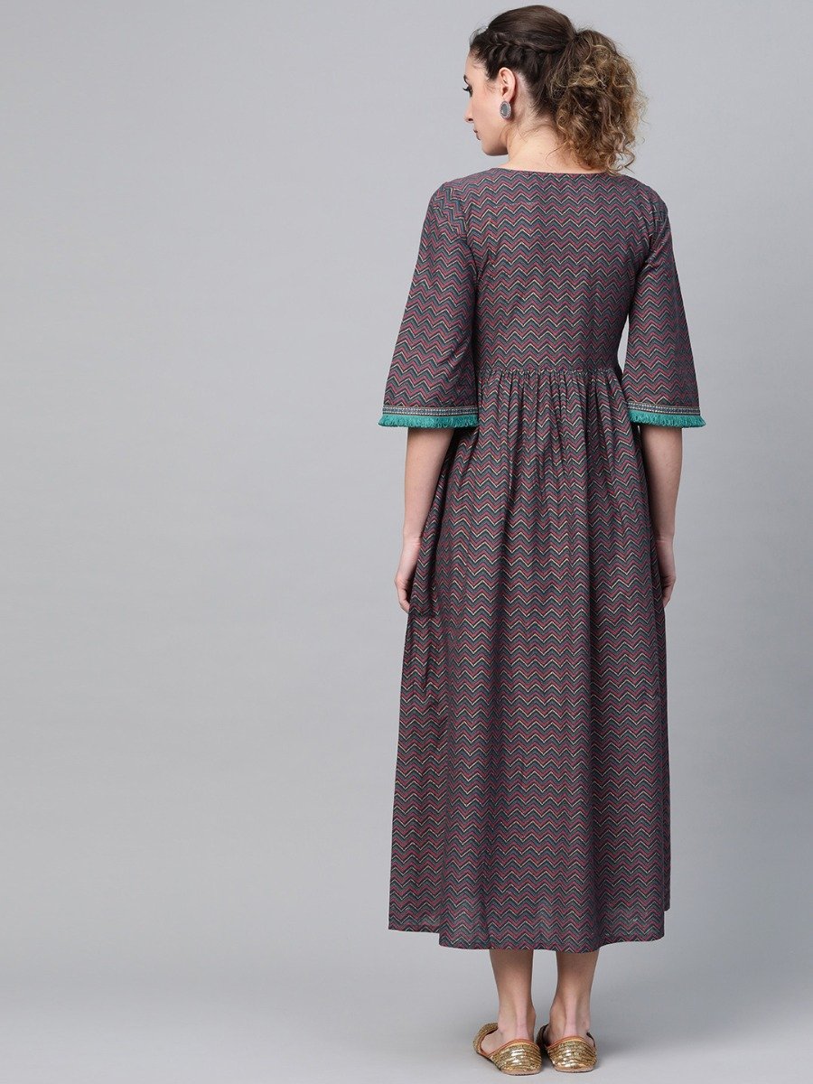  Multi Cotton Colorblock Fit And Flared Maxi Dress 