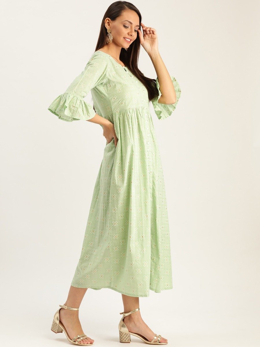  Green Printed Cotton Dress 