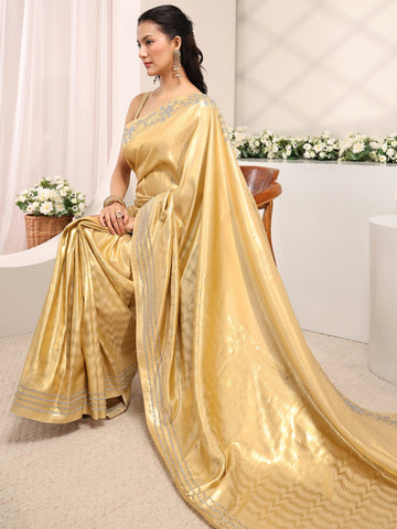 Gold Embellished Border Silk Blend Saree With Unstitched Blouse Piece