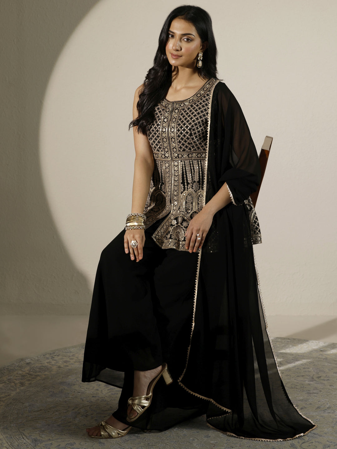 Gold Embroidered Georgette A-Line Suit Set With Dupatta