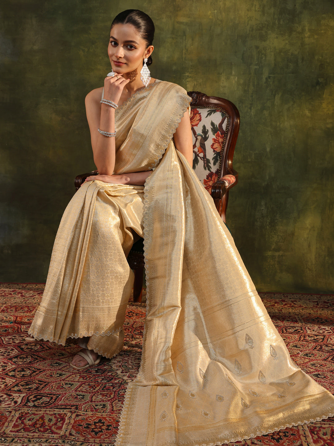 Gold Ethnic Embellished Silk Saree With Unstitched Blouse Piece